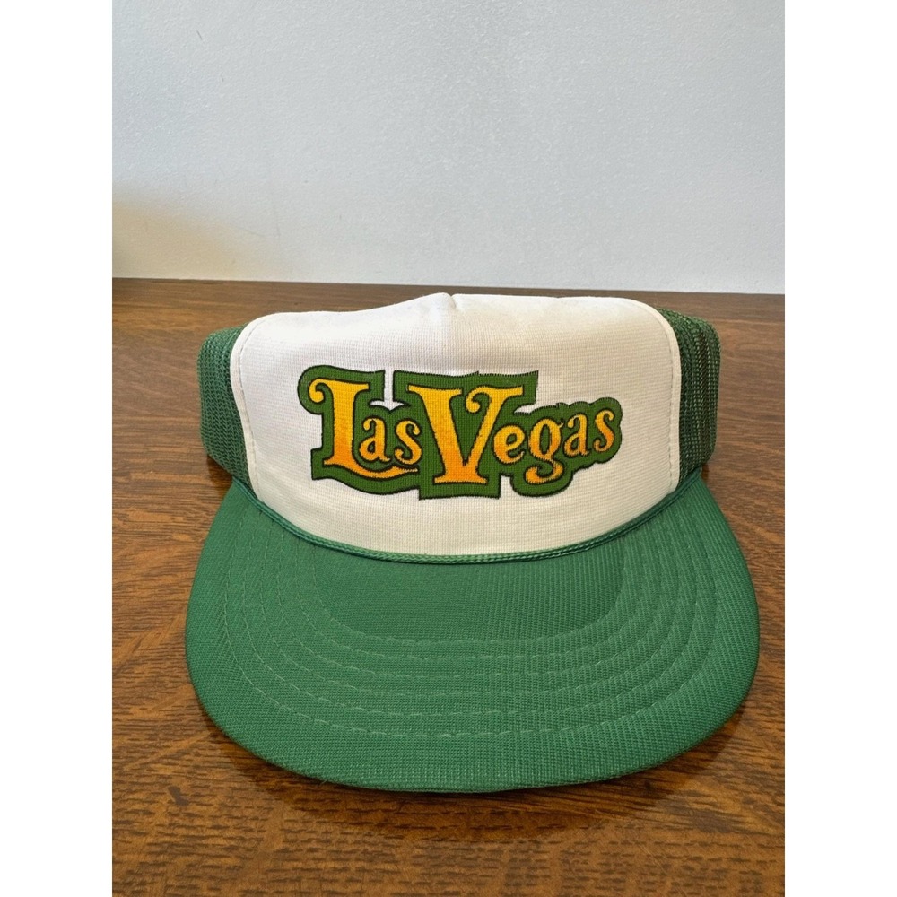 Vintage Las Vegas SIZE-A-JUST Hat Cap Trucker Snapback OSFA Green Mesh Mens‎